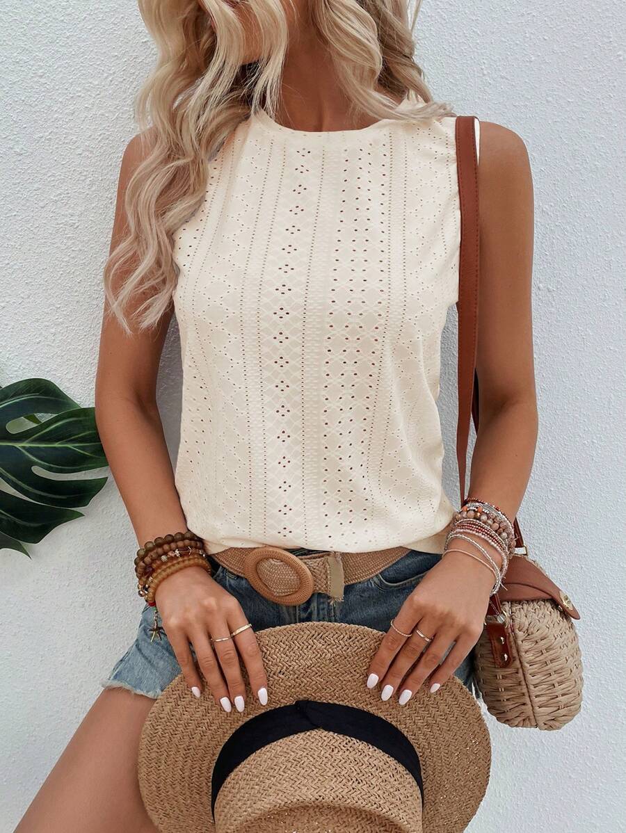 Calvaya Solid Eyelet Embroidery Tank Top - Beige - View 1