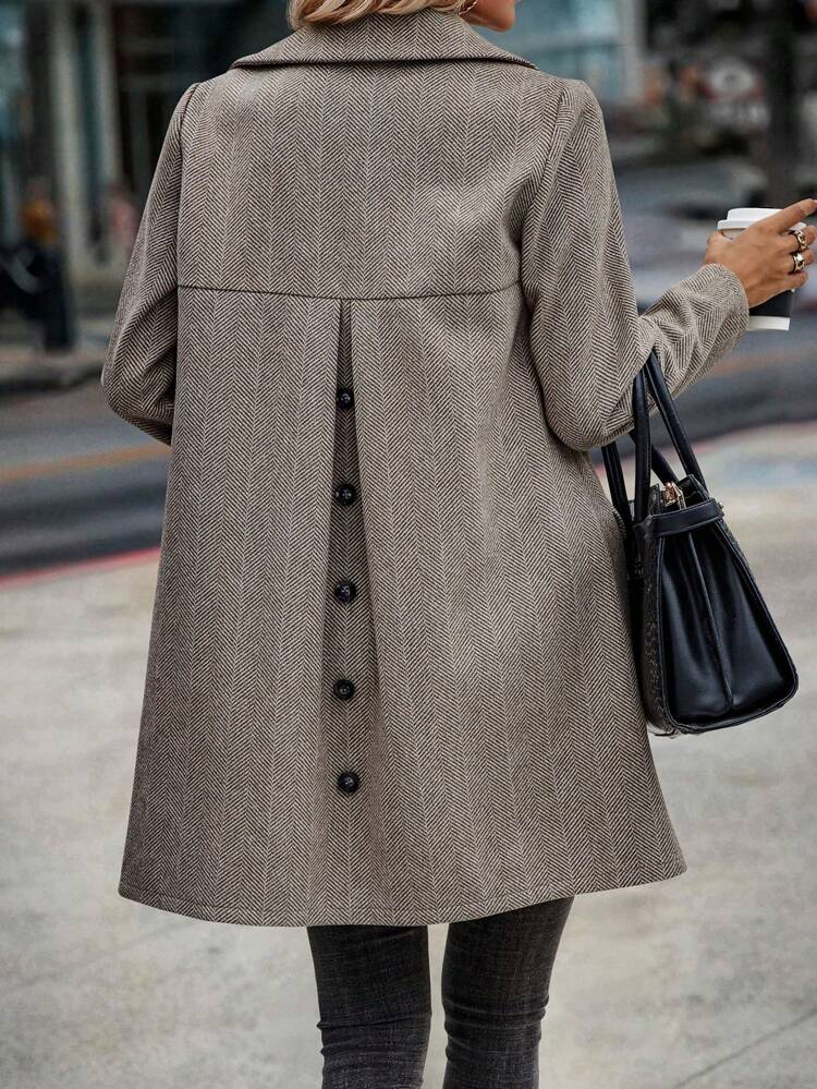 Herringbone Flap Detail Button Front Overcoat Fall Winter Cloth For Women
