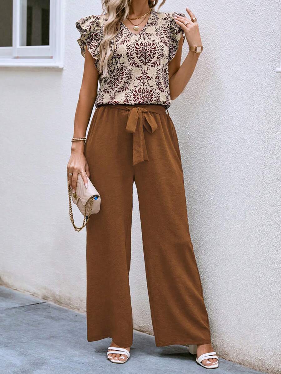 SHEIN LUNE 錦緞圖案蝴蝶袖襯衫和腰帶闊腿褲 - 咖啡棕 - 查看 1