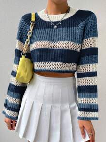 Flirla Colorblock Raglan Sleeve Pointelle Knit Crop Sweater Knit Pullover Fall Winter Outfit
