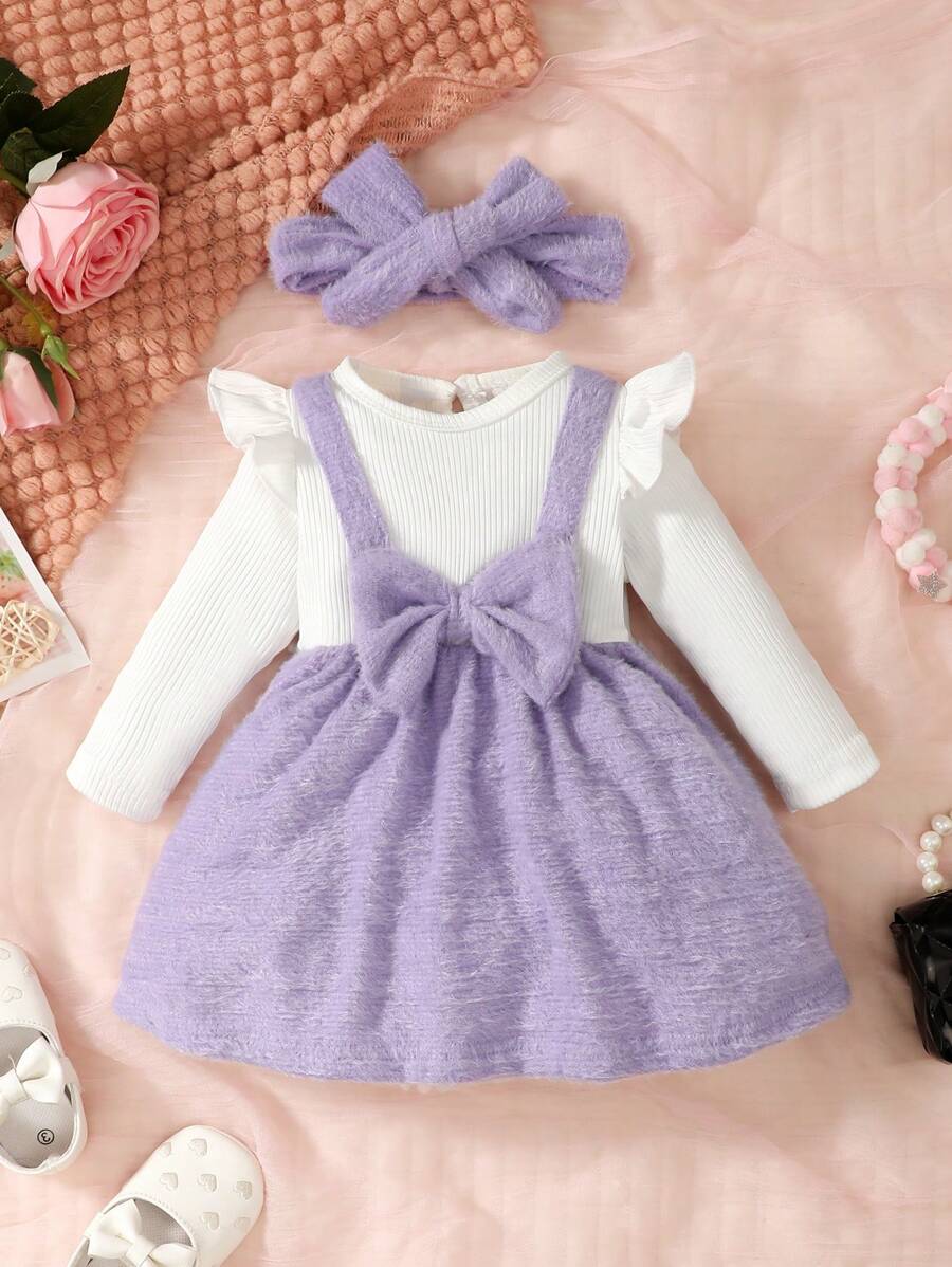 Baby Girl Ruffle Trim Bow Front 2 In 1 Dress & Headband - Multicolor - View 1