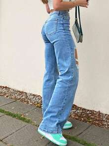 高腰破洞直筒褲 - 淺色水洗藍 - 查看 2