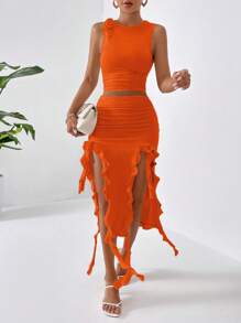 SHEIN Essnce Bộ đồ hai mảnh nữ - Màu Cam cháy - Xem 3