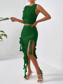SHEIN Privé unicolor Top tank & ribete con fruncido Falda - Verde - Ver 1