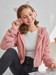 RueChic Tween Girl Zip Up Hooded Teddy Jacket - Pink - View 3