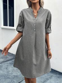 SHEIN Clasi Roll Tab Sleeve Half Button Tunic Dress - Light Grey - View 5