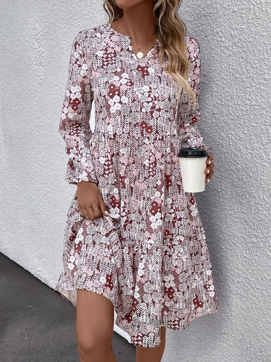 SHEIN LUNE 滿版印花缺口領荷葉邊娃娃裙 - 紅木色 - 查看 1