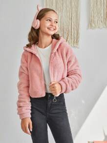RueChic Tween Girl Zip Up Hooded Teddy Jacket - Pink - View 1