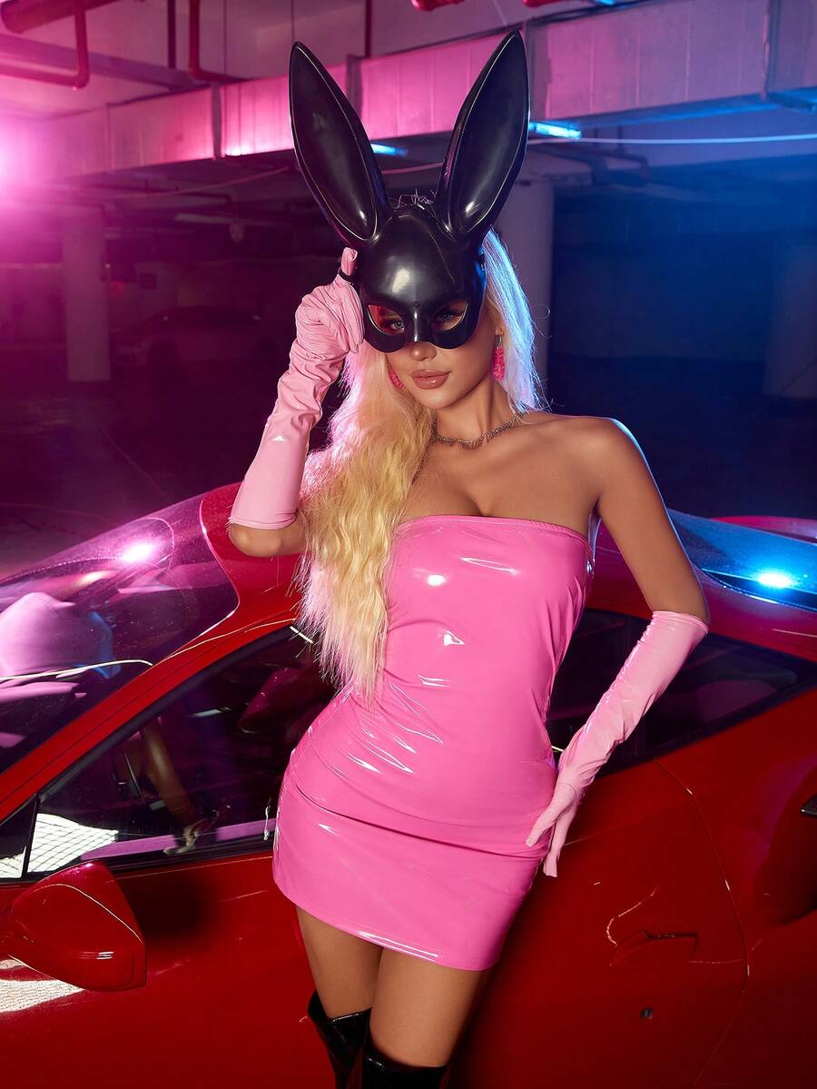 Phản chiếu Chất rắn chất liệu da PU Đầm bó sát ống - Hồng - Xem 1