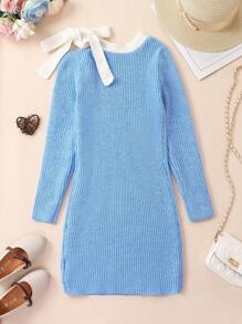 Teen Girl Tie Shoulder Contrast Trim Sweater Dress - Blue - View 2