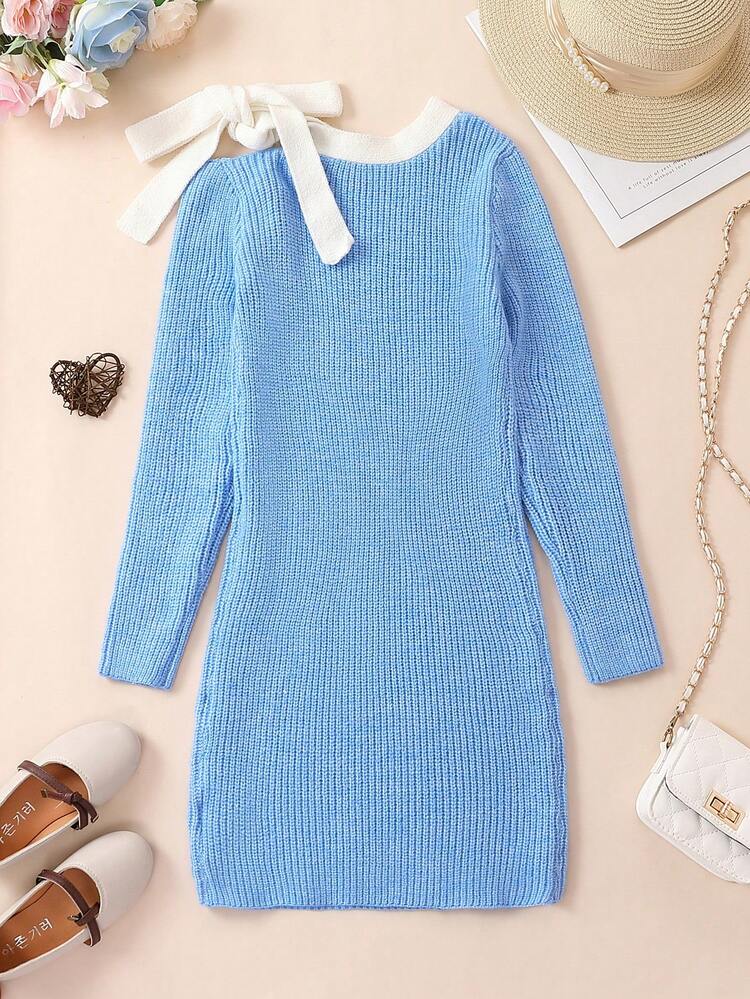 Teen Girl Tie Shoulder Contrast Trim Sweater Dress