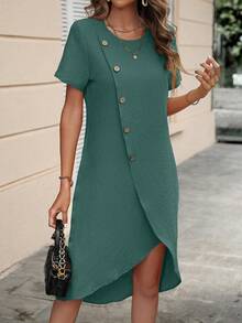 SHEIN Clasi 紐扣細節圍裹連衣裙 - 墨綠色 - 查看 3