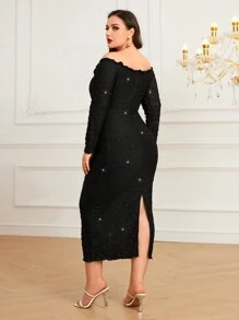 Modelyn Plus Off Shoulder Lettuce Trim Glitter Bodycon Dress - Black - View 2