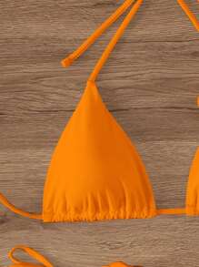 Swim Chiccia Summer Beach Floral Appliques Triangle Halter Tie Side Bikini Set Bathing Suit - Orange - View 3