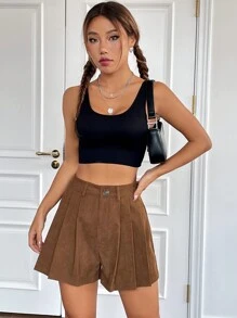 SHEIN Unity Fold Pleated Corduroy Wide Leg Shorts - Brown - View 6