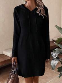SHEIN LUNE 落肩抽繩連帽毛衣洋裝 - 黑色 - 查看 4