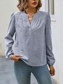 SHEIN LUNE Striped Print Notched Neckline Puff Sleeve Blouse - Navy Blue - View 5