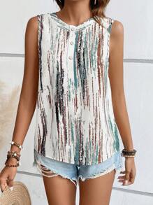SHEIN Holidaya Brush Print Button Front Sleeveless Blouse - Multicolor - View 5