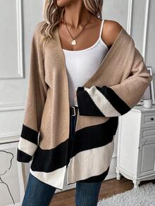 SHEIN LUNE 撞色落肩开衫 - 駝色 - 查看 5