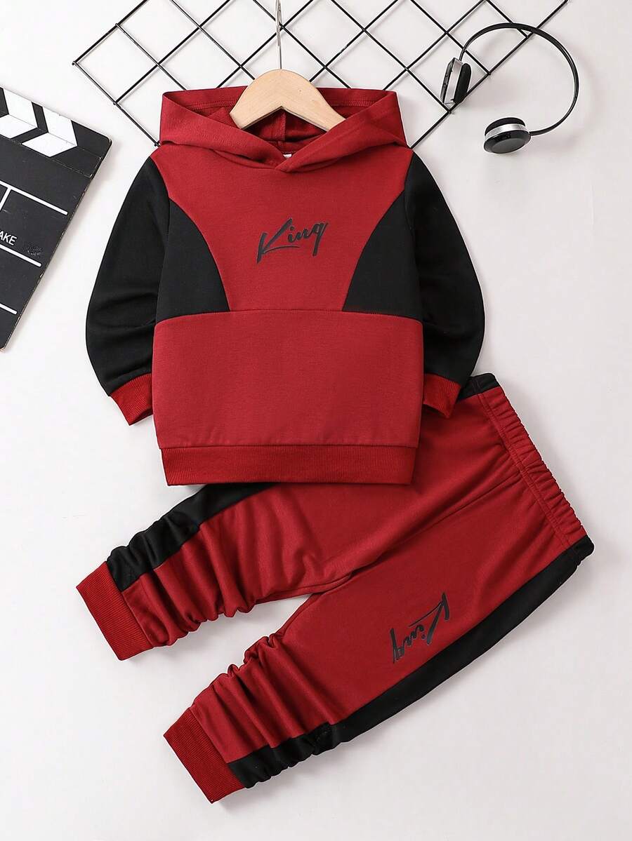 SHEIN Chàng trai trẻ Đồ họa Chữ cái Khối màu Áo Hoodie & Quần thể thao - Màu Đỏ Sâu - Xem 1