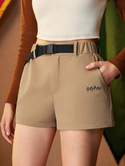 HARRY POTTER X SHEIN 字母圖案金屬扣環腰帶運動短褲