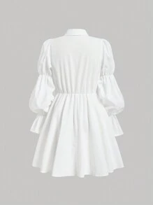 SHEIN MOD 1入組荷葉袖前紐扣襯衫洋裝 - 白色 - 查看 2