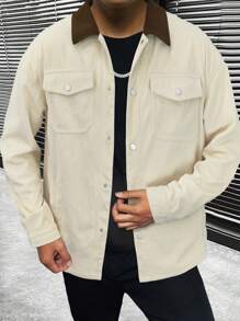 Manfinity Homme Men's Loose Fit Contrast Collar Drop Shoulder Jacket With Flap Pockets - Apricot - View 3