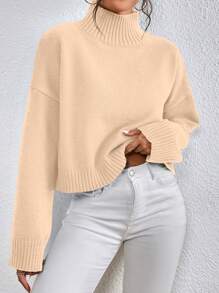 SHEIN Essnce Áo len nữ Gân đan màu trơn Giải trí - Màu be - Xem 6