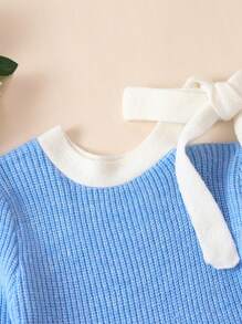 Teen Girl Tie Shoulder Contrast Trim Sweater Dress - Blue - View 4