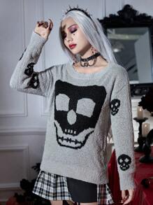 PUNK Jersey Halloween con patrón de cráneo de hombros caídos