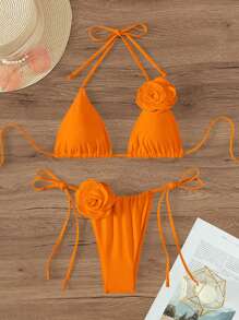 Swim Chiccia Summer Beach Floral Appliques Triangle Halter Tie Side Bikini Set Bathing Suit - Orange - View 1