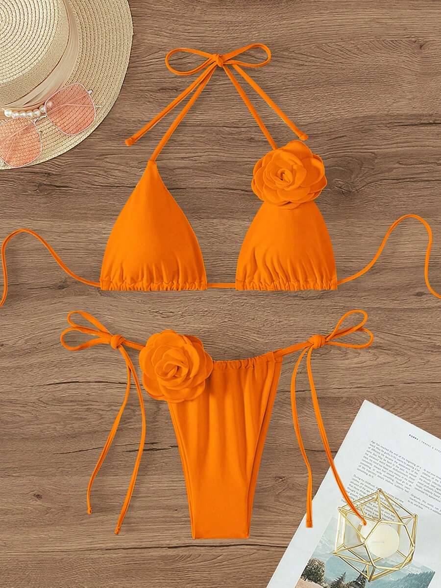 Swim Chiccia Summer Beach Floral Appliques Triangle Halter Tie Side Bikini Set Bathing Suit - Orange - View 1