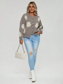 SHEIN LUNE Hơn Mô hình hoa Thả vai Áo len Mở - Xám - Xem 4