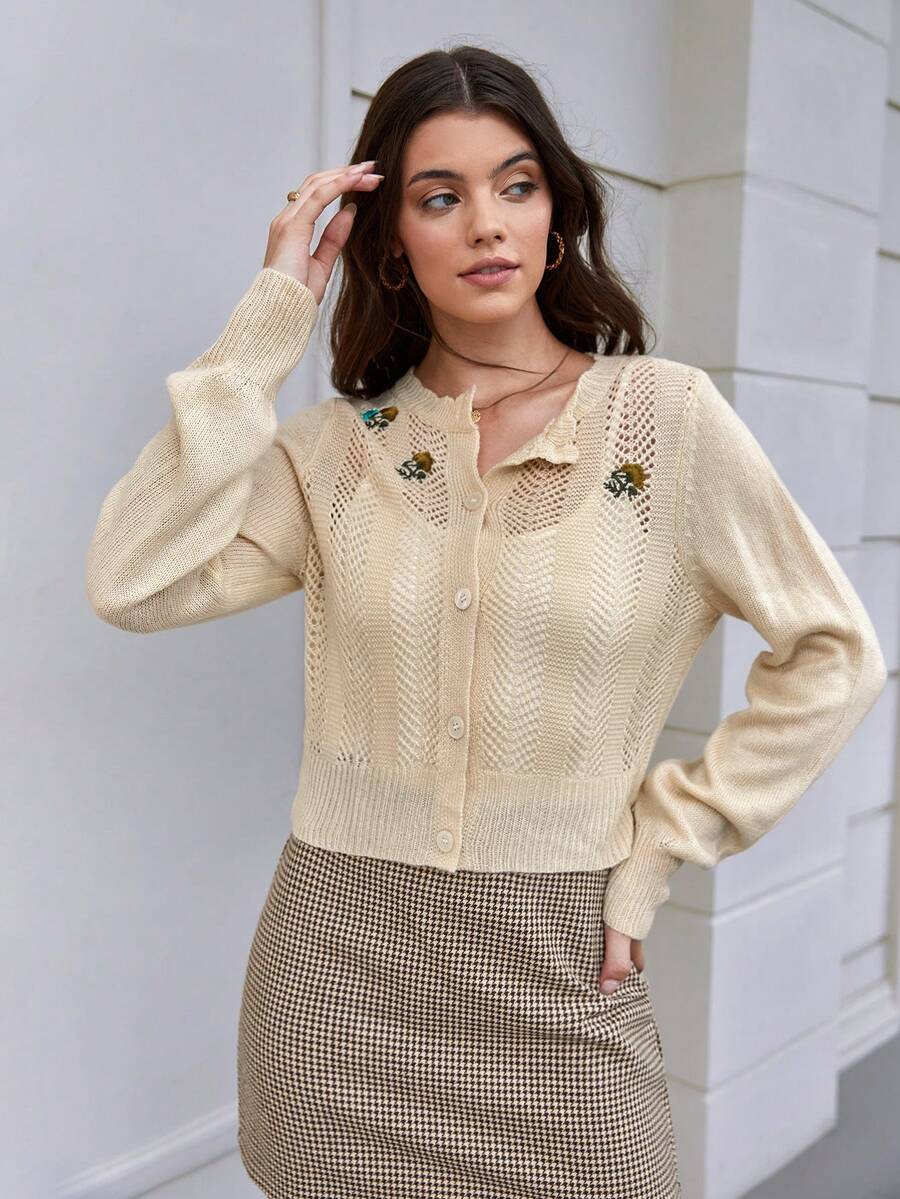 SHEIN LUNE Floral Embroidery Button Front Cardigan - Yellow - View 1