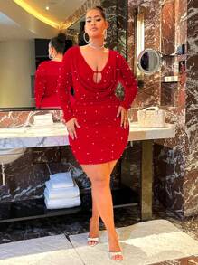 SHEIN SXY Đầm Plus Size cườm đính Vắt Ngọc trai màu trơn Gợi cảm Buổi tiệc - Đỏ - Xem 6