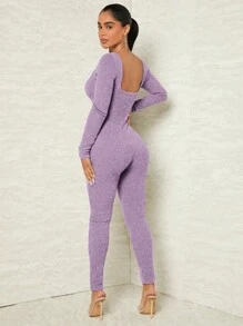 SHEIN SXY 素色大圓領彈力緊身連體褲 - 紫色 - 查看 5