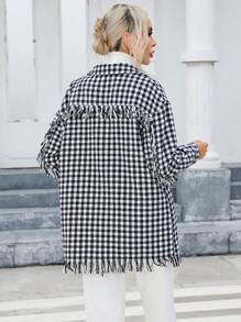 SHEIN Essnce Gingham Print Drop Shoulder Fringe Hem Coat - Black and White - View 2