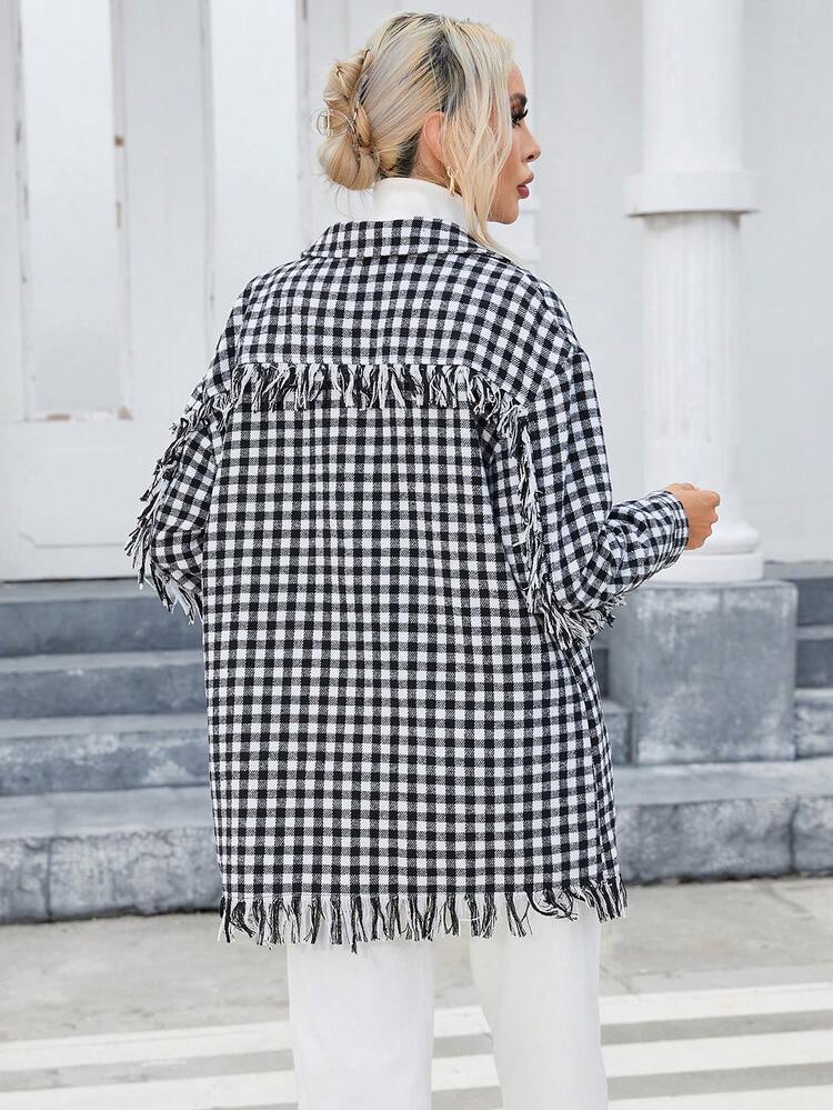 Gingham Print Drop Shoulder Fringe Hem Coat