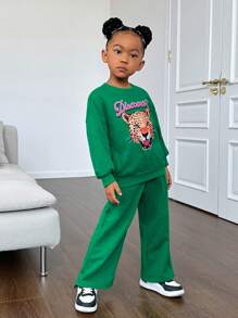 SHEIN Leap Crew SLAYR KIDS Young Girl Tiger & Letter Graphic Drop Shoulder Pullover & Sweatpants - Green - View 3