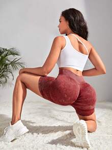 SHEIN Yoga Futuristic Wide Waistband Sports Shorts - Red - View 5