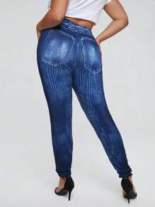 Calvaya Plus Denim-Effect Print Jeggings - Blue - View 2