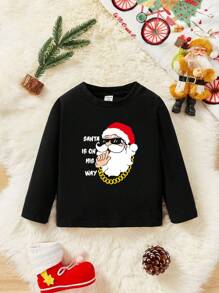 Em bé Con trai Giải trí Ông già Noen In Áo nỉ Với Thiết kế khẩu hiệu , Thích hợp Đối với Mùa thu Và Mùa Đông - màu đen - Xem 1