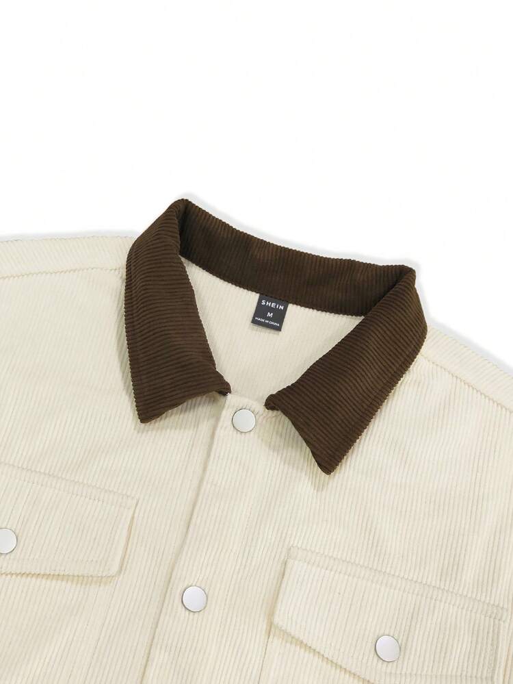 Men's Loose Fit Contrast Collar Drop Shoulder Jacket With Flap Pockets