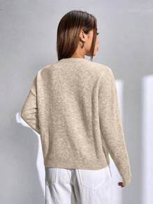 SHEIN Unity 字母图案落肩毛衣，长袖针织套头衫，秋冬毛衣 - 卡其色 - 查看 2