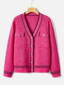 Celure Talla grande Cárdigan ribete de rayas con bolsillo con solapa - Rosa Fucsia - Ver 1