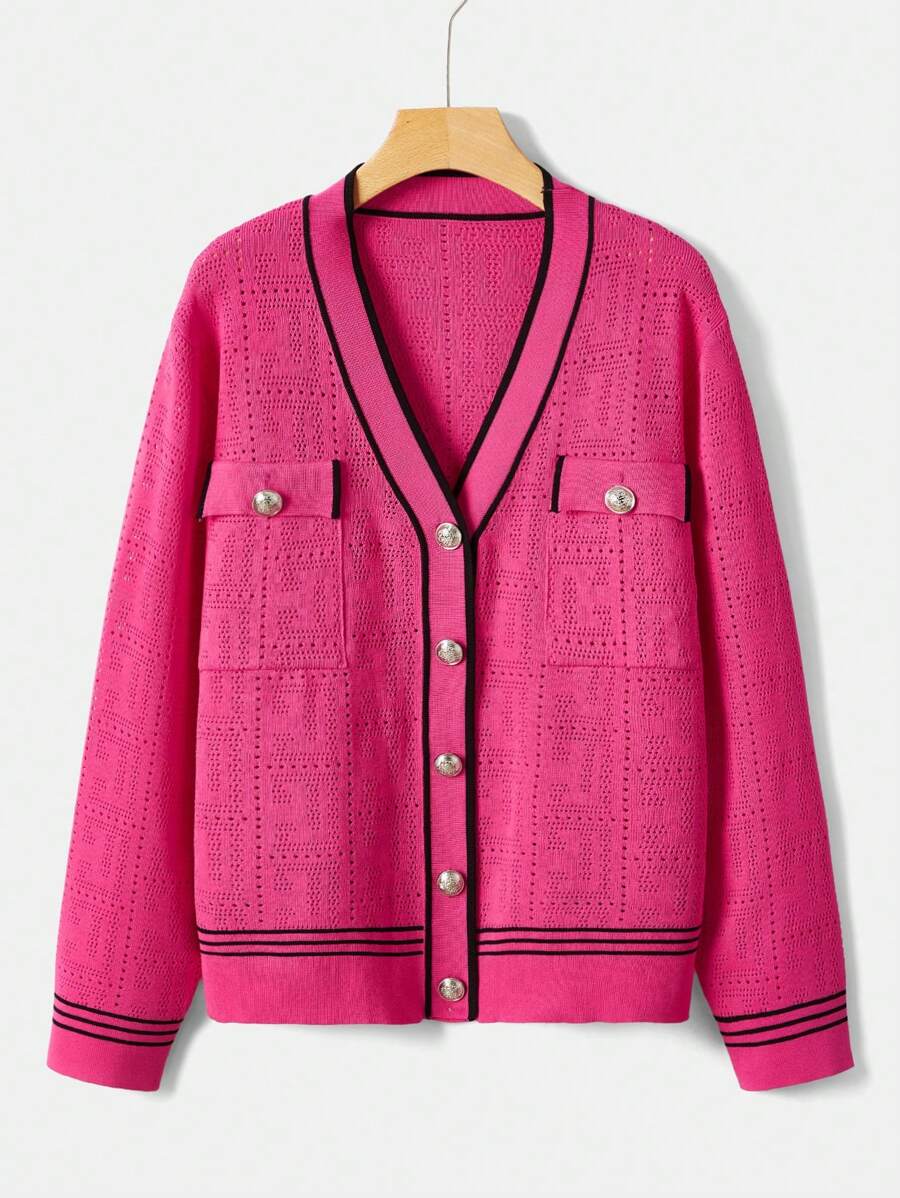 Celure Talla grande Cárdigan ribete de rayas con bolsillo con solapa - Rosa Fucsia - Ver 1