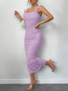 SHEIN SXY Chất rắn Xù Tách đùi Váy Dây - Màu Lilac Tím - Xem 5