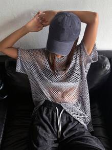 DAZY Top sin sujetador de malla con parche de letra, top salir transparente - Gris - Ver 6