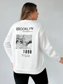 Flirla Plus Slogan & Figure Graphic Drop Shoulder Sweatshirt - White - View 3