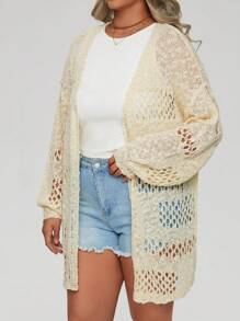 SHEIN LUNE Plus Size Pointelle Knit Drop Shoulder Cardigan Fall Cloth For Women - White - View 5